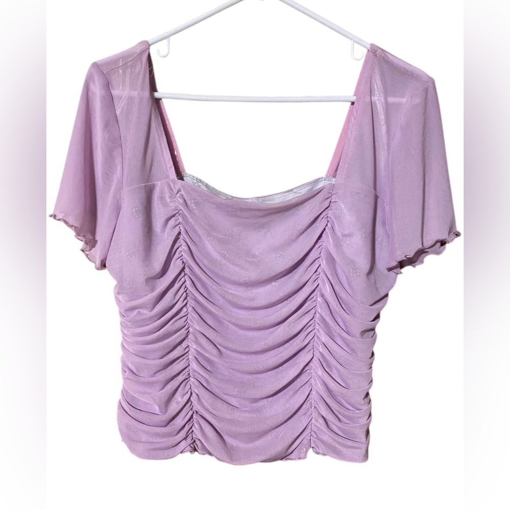 Y2K Forever 21 Ruched Crop Top Women’s 0X  Mesh Purple Stretch Lined Retro Fairy